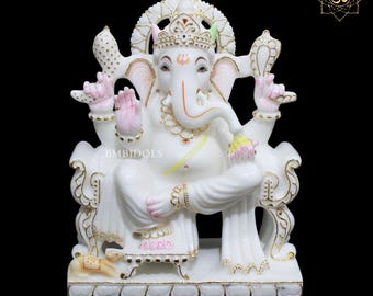 White Marble Ganesha Statue, 12 inch Ganpati Murti