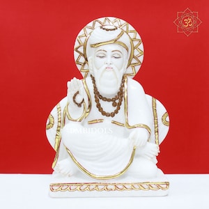 Gurunanak Dev Statue, Marble Gurunanak Dev ji Staty gjord i 12 tum, Guru Nanank Dev Idol gjord i stenmarmor med guldarbete