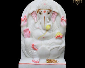 White Marble Ganesha Statue, Natural Stone Idol (12 Inches)