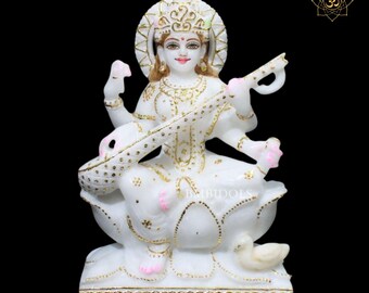 Makrana Marble Saraswati Statue, Natural White Marble Maa Murti, 9 inch