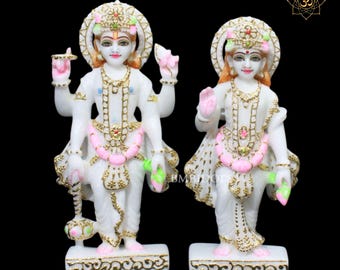 Makrana Marble Lakshmi Narayan Statue - 9 Inch Vishnu Laxmi Idol