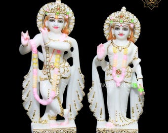 Makrana Marble Radha Krishna Statue, 9inch Handcrafted Gold Painted Murti