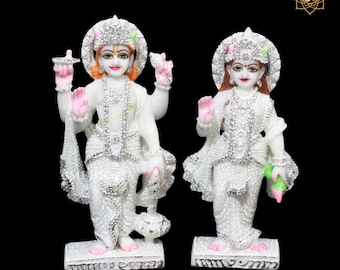 Makrana Marble Lakshmi Narayan Statue - 9 Inch Vishnu Laxmi Idol