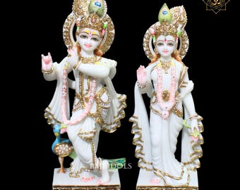 Marble Radha Krishna Statue, 18 Inch Natural Stone Idol, Polished Home Decor