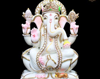 Marble Ganesh Murti: 15-inch Ganpati Statue for Home Mandir