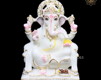 White Marble Ganesh Statue, Ganpati Murti, 9-inch