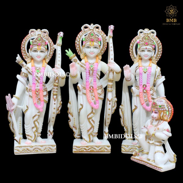 Ram Darbar Statue, Marmor Ram Darbar Murti in Makrana Marmor für Haus und Tempel, Ram Ji Lakshman Sita und Hanuman Statue vollfarbig