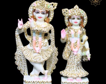 Makrana Marble Radha Krishna Statue, 9inch Handcrafted Gold Painted Murti