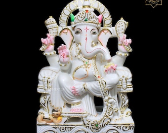 White Marble Ganesha Statue, 12 Inch Natural Stone Ganesh Idol