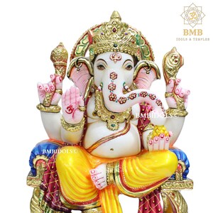Ganesh Statue, Marble Ganesha Murti made in Natural White Makrana Marble in 18inches, Marble Ganesh Idol in Full Coloring with Amboze