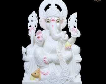 White Marble Ganesh Statue, Makrana Stone Murti, Hindu Idol in 18inch