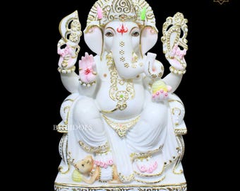 White Marble Ganesh Statue, Makrana Stone Murti, Hindu Idol in 18inch