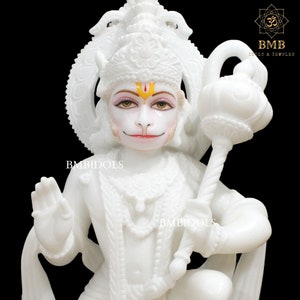 Hanuman Statue made in Pure white Natural Marble in 24inches, Ashirwad Hanuman Murti made in  2feet natural stone and available intosck