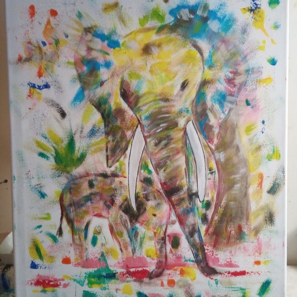 tableau éléphant élephanteau peinture animaliére peinture sur toile tableau en acrylique idée cadeau decoration a accrocher