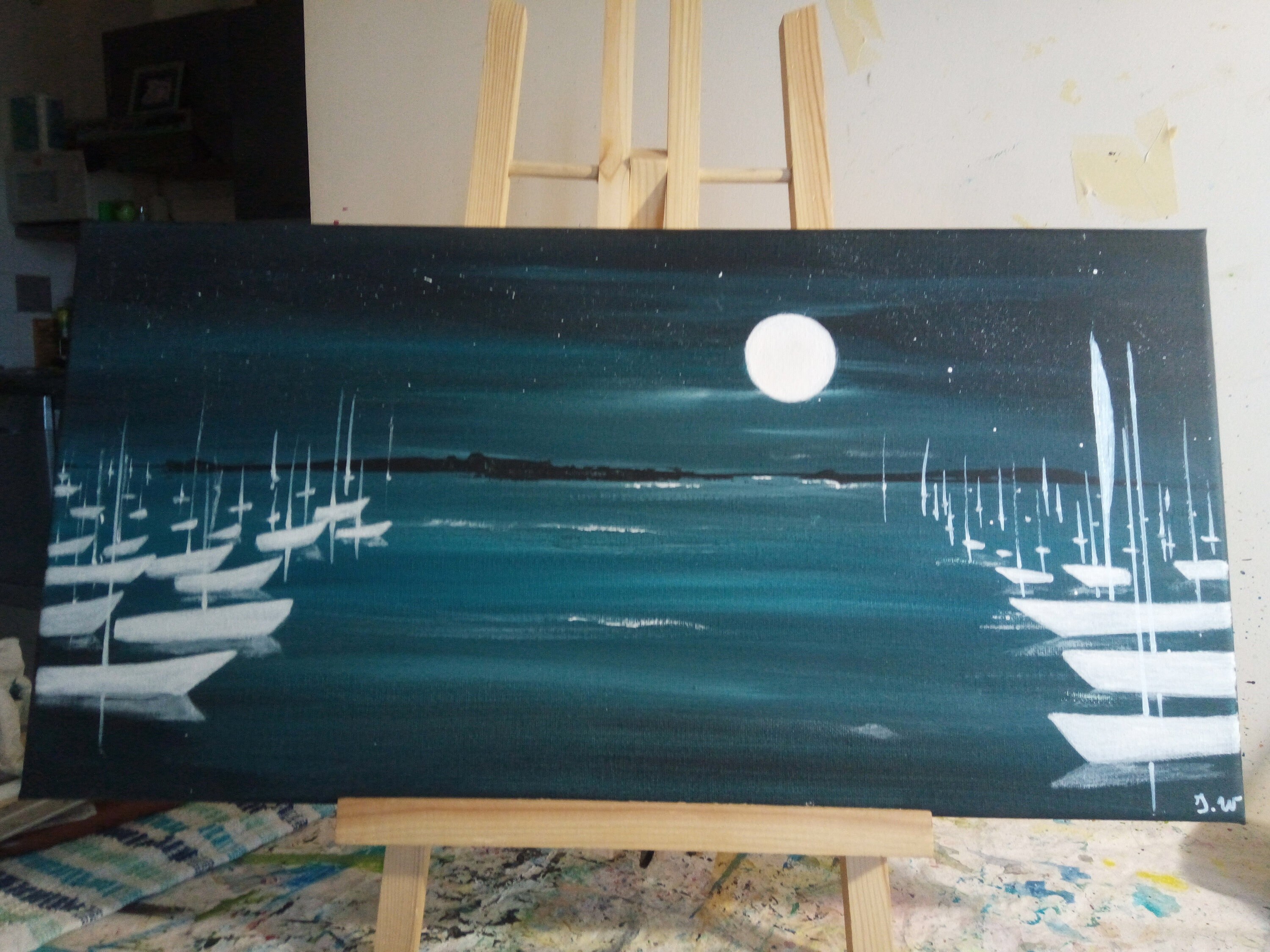 Tableau Clair de Lune, Clair Obscur, Tableau Marina, Peinture sur Toile, Port Plaisance