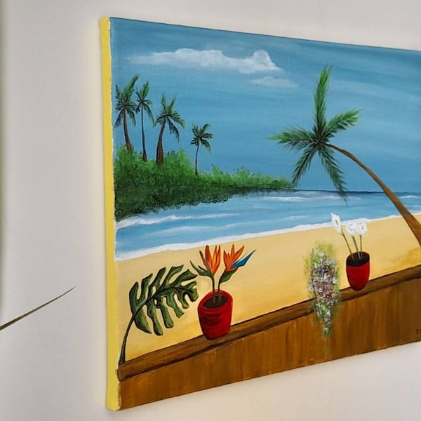 Peinture exotique.tableau Mer antillaise.plage tableaux paysages tableaux marines tableau palmiers peinture sur toile tableaux fait main