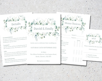 Personalised Wedding Invitations Including Details Card, Menu Choice Cards & RSVP cards - Eucalyptus Bouquet