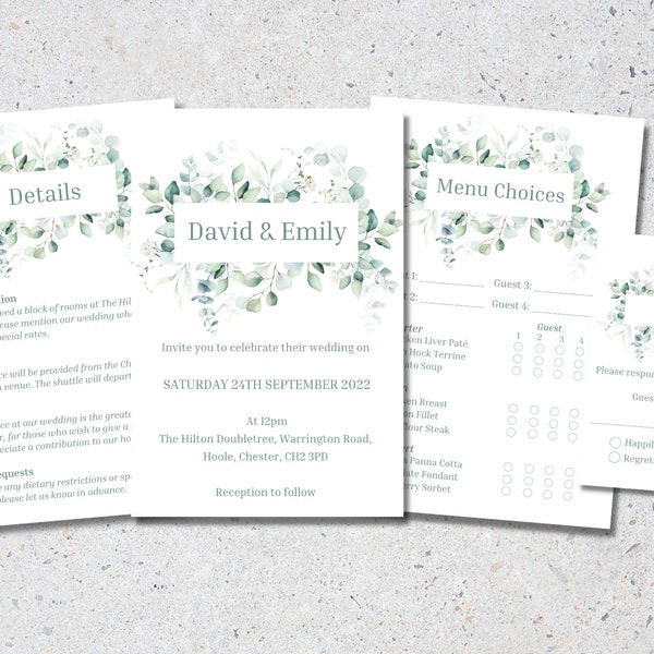 Personalised Wedding Invitations Including Details Card, Menu Choice Cards & RSVP cards - Eucalyptus Bouquet