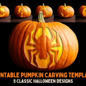 May include: A printable pumpkin carving template featuring five classic Halloween designs including a bat, witch, spider, ghost, and hand. The orange pumpkin displays a large spider cutout illuminated from within against a black background.