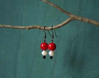 Coral Earrings, Natural Gemestone Garrings, Red Coral Earrings, White Pearl Earrings