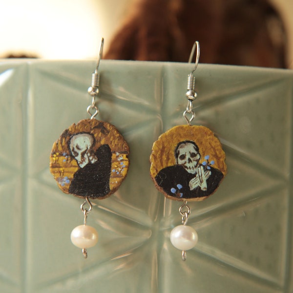 Handpainted, Wood Earrings, With Pearl, Hugo Simberg - The Garden Of Death