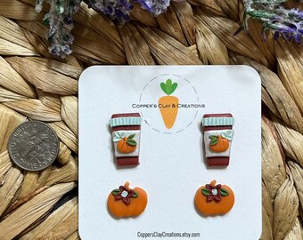Fall coffee mug and pumpkin stud pack | polymer clay pumpkin earring | coffee mug earring | fall earring | autumn earrings