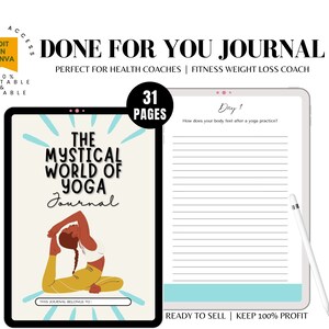 Könnte beinhalten: Ein digitales Journal-Cover mit einem blauen und gelben Farbschema. Das Cover zeigt eine Frau in einer Yoga-Pose und den Text "The Mystical World of Yoga Journal". Das Journal hat 31 Seiten und ist verkaufsfertig.