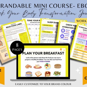 May include: A digital download for a rebrandable mini course ebook titled "Unlock Your Body Transformation Journey". The ebook includes 8 pages of worksheets with topics such as "Read Food Label", "Tone Your Body", "Sleep Diary", "Check Your Hydration Levels", and "10 Minutes Cardio Workout with Jump Rope". The ebook is easily customizable to your brand colour and can be edited in Canva.