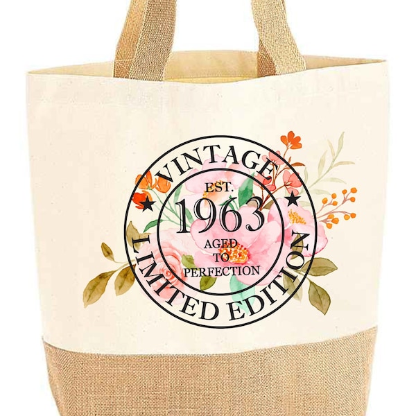 Personalised Birthday Jute Tote Bag, 1964 Birthday Bag, 60th Bday Beach Bag, 50th,40th Birthday Idea, Custom Born 1974, 1984, 1994 Gift Bag