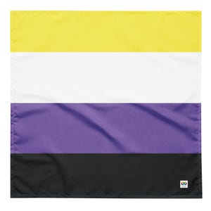 May include: A non-binary pride flag with four horizontal stripes: yellow, white, purple, and black.