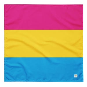 May include: A pansexual pride flag with three horizontal stripes: pink, yellow, and blue.