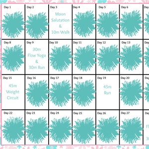 May include: A turquoise and white calendar with a daily workout schedule for a 28-day cycle. The calendar includes activities like yoga, running, and weight training.