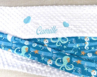 Personalized baby blanket embroidery first name hearts model “LEIA” | Minky with cotton and fleece | sea animal print |
