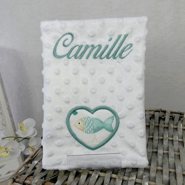 Health book protector embroidery first name heart "HIPPOCAMPE" - imitation leather - personalized birth gift idea - marine animal pattern