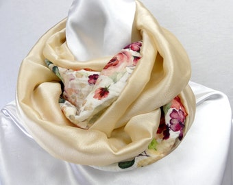 Snood femme en soie et coton imprimé fleurs "BARBARA" - Foulard tubulaire soie et coton - Echarpe fermée doublée - Cadeau fête des mères