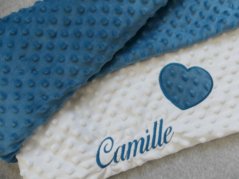 Couverture Bébé Personnalisée Broderie Coeur Prénom, Polaire Minky Bleu Pétrole, Doublée Blanc, Appl