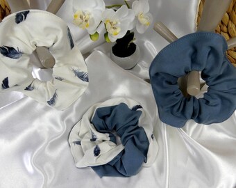 Cotton jersey scrunchie Maxi scrunchie | Medium size scrunchie | Jersey Ecru and leaf pattern | Plain blue jersey | Wedding scrunchie |