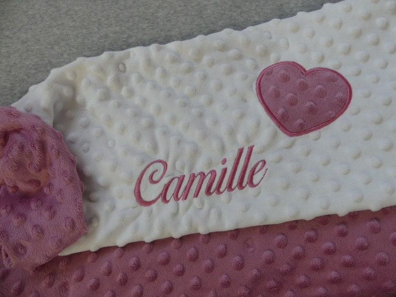 Couverture Bébé Personnalisée Broderie Coeur Prénom, Polaire Minky, Doublée en Applique, Vieux Rose,