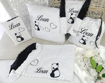 Personalized birth keychain embroidery Panda first name hearts | baby gift | cover bag pouch health book comforter cushion panda