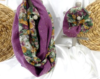 Tubular scarf snood neckband with matching scrunchie in voile fabric and double gauze cotton