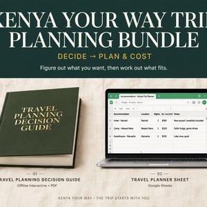 May include: A Kenya Your Way Trip Planning Bundle featuring a dark green book titled Travel Planning Decision Guide and a laptop displaying a digital travel planner sheet with columns for accommodation, location, nights, and estimated cost.