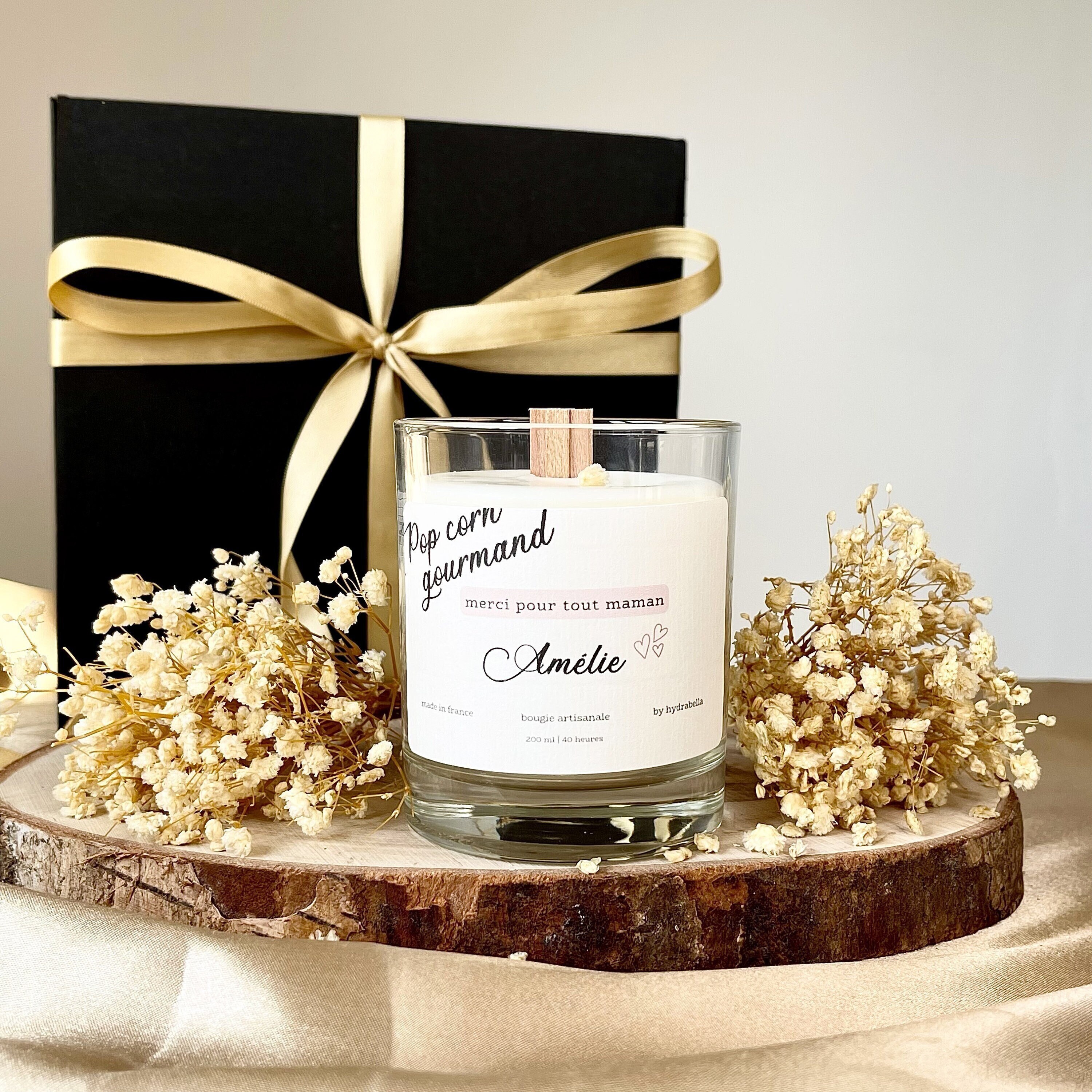 Bougie Personnalisée - Prénom & Mot Fête Des Mères Cadeau Je T'aime Maman Mèche en Bois