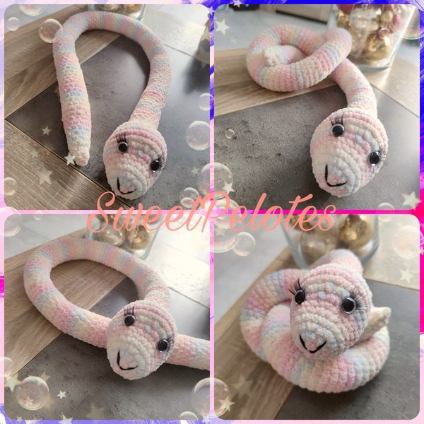 Doudou Longueur XXL Serpent Grelot Snake Arc en ciel Rose Bleu Peluche Crochet 100% Douceur Cadeau Enfant - Fait Main Fabrication Française