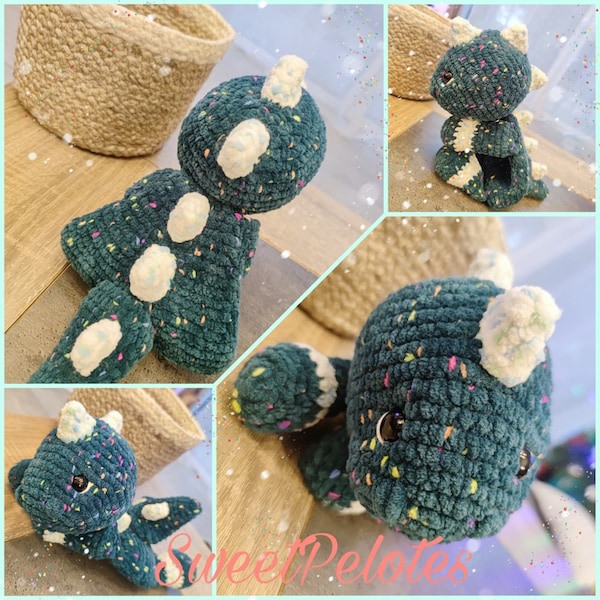 Doudou Peluche Plat Gino le Dinosaure Vert Crochet 100% Douceur Velours - Mignon Idéal Cadeau Enfant - Fabrication Française - Fait Main