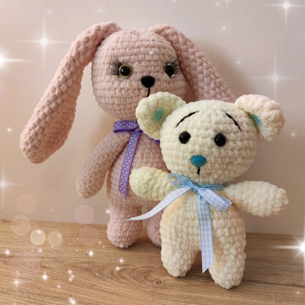 Doudou Lapin Ours Mignon Rose Blanc Bleu Petit Mini Peluche Animaux Crochet 100% Douceur Cadeau Enfant - Fait Main - Fabrication Française