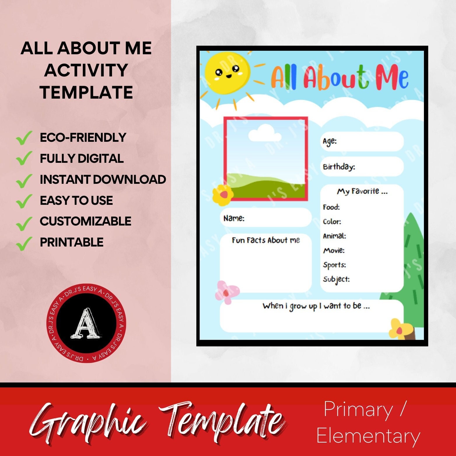 Worksheet all about me canva template teacher instant download