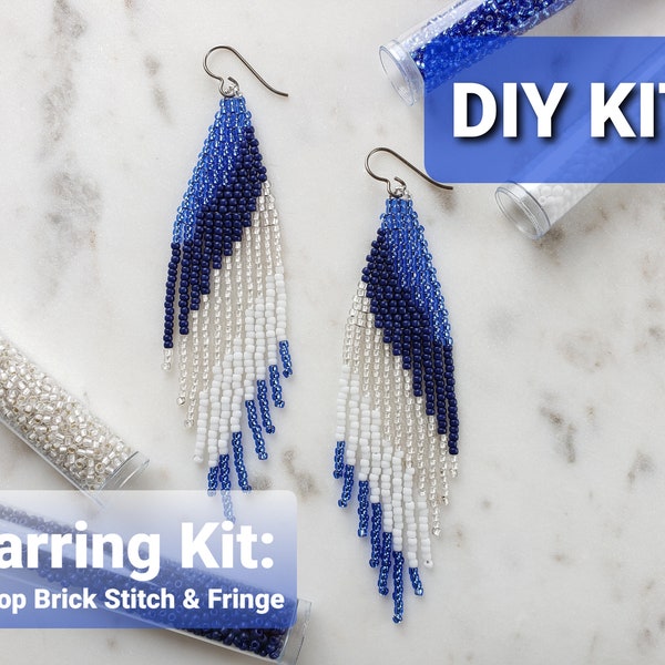 Modern Brick Stitch Beaded Earring Kit, DIY Fringe Seed Bead Earring Kit, Sliver Crystal Blue Ombre Dangle Earrings DIY Gift Project Hobby