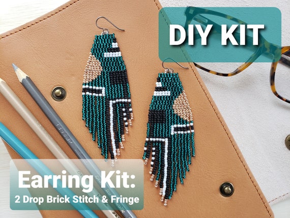 Bead Brick stitch tutorial kit Long Earrings Pattern Jewelry make Adult Craft DIY Kit to make Peacock feather Fringe Beading Earrings