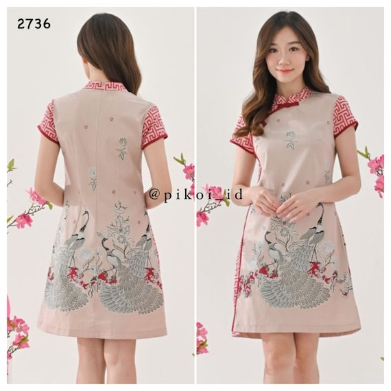 Women s Modern Batik Cheongsam Dress Short Sleeves Pink And Red Flare Dress Batik Dress Boho Dress Ethnic Dress Midi Dress