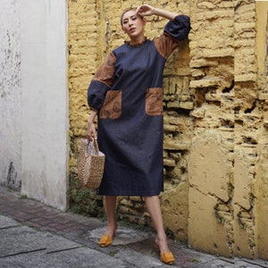 Women&#39;s Batik Dress Mita Series Tunic Oversize Navy, Batik Dress, Boho Dress, Ethnic Dress, Midi Dress